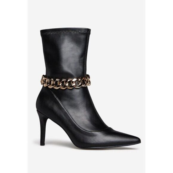 NIB Black Faux Leather Chain Link Pointed Toe Booties - Picture 2 of 8